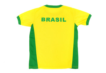 Men yellow and green football t-shirt with Brasil on the back.