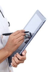 Closeup view of doctor using tablet computer