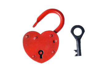 Heart shaped padlock and  key  isolated on white