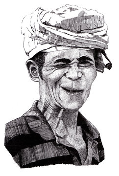 hand made black and white drawing of winking indonesian man