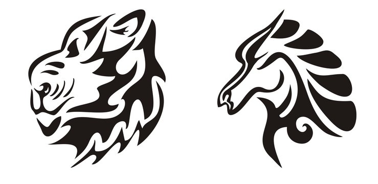 Tribal flaming lion and horse heads
