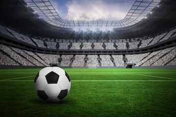 Composite image of black and white leather football - obrazy, fototapety, plakaty