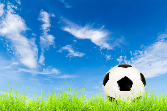 soccer ball on green grass with blue sky