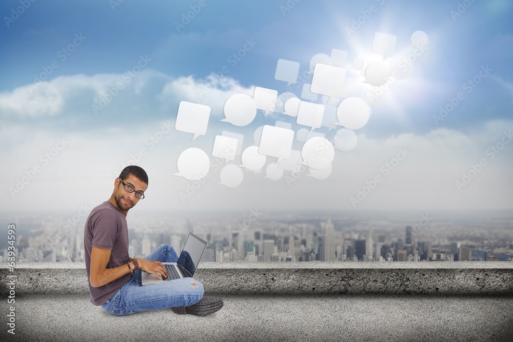 Poster composite image of man wearing glasses sitting on floor using la