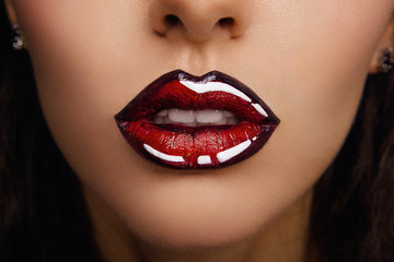Woman lips with glossy lipstick. Comic style