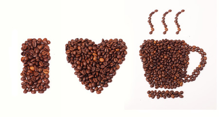 Coffee mug full of coffee beans with heart shapes