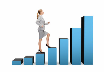 smiling businesswoman stepping on chart bar