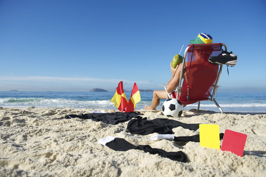 Soccer Football Referee Relaxing on Beach Chair Brazil