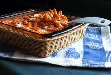 Cheesy chicken penne casserole ready to serve