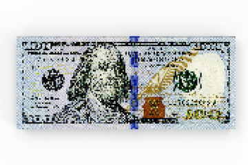 New 100 Dollar Bills in Pixel Style isolated on white background
