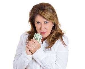 My money. Woman holding cash isolated on white background  - obrazy, fototapety, plakaty