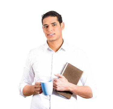 Confident student, worker holding book cup of coffee 