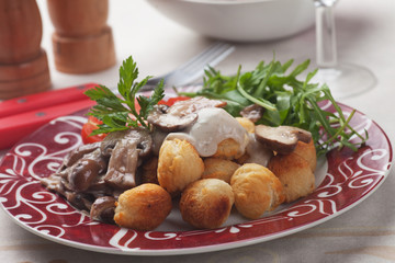 Roasted potato cruquettes and mushrooms