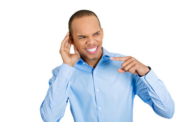 Good rumors. Nosy man carefully listening to latest gossip