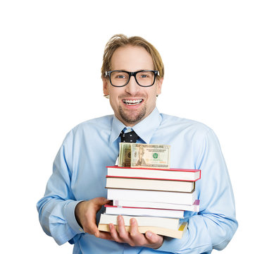 College savings. Man, student holding books, money, cash