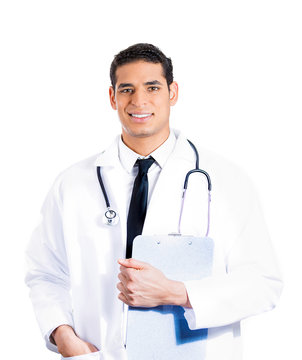 Confident male doctor with stethoscope and patient chart