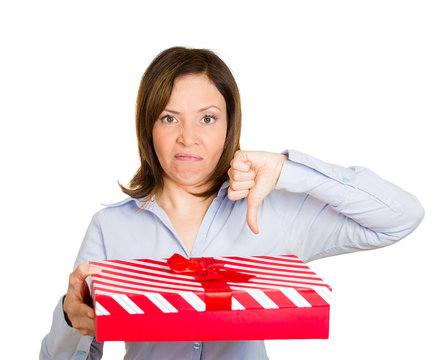 Bad present, gift idea thumbs down, white background 
