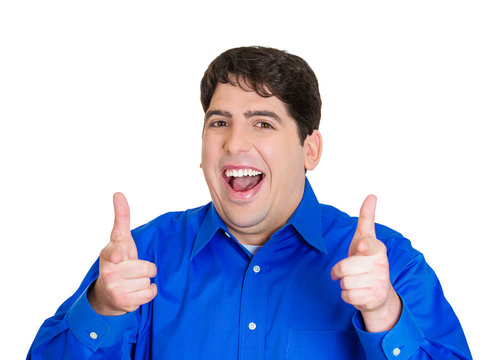 Guns sign happy man showing thumbs up on white background 