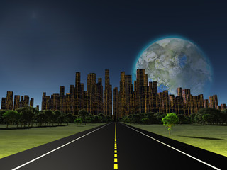 Terraformed moon as seen from highway on future earth