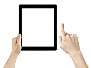 adult man hands using generic tablet pc with white screen