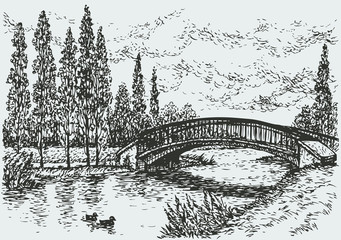 Vector landscape. Bridge over river and poplars along the road