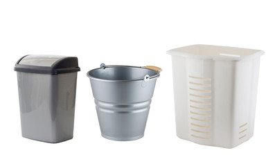 Pail, an empty laundry basket and bin