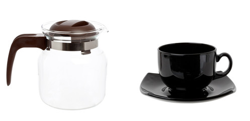 Empty glass teapot and black cup