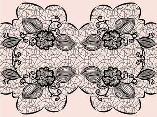 Seamless black lace ribbon with floral elements for design