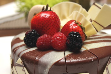 Delicious chocolate strawberry cake with chocolate ganache.