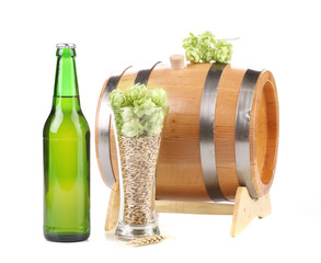 Barrel and bottle of beer with hop.