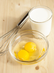 Raw chicken eggs and a glass of milk for cooking omelets.