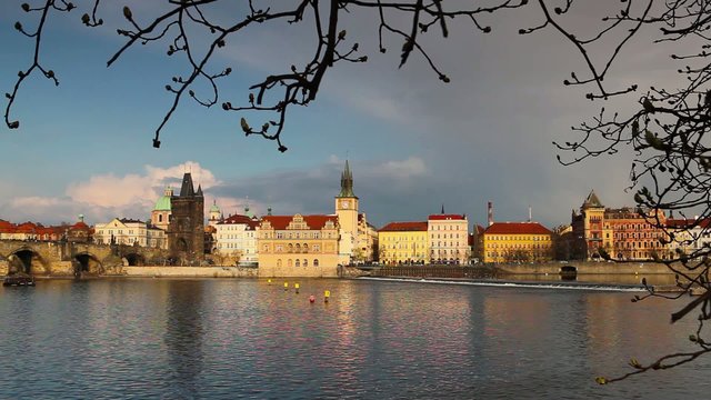 View from Kampa on Charles Bridge in Prague at sunset