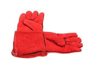 Pair of red textile working gloves.