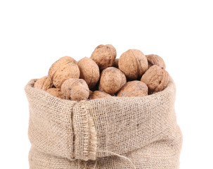 Walnuts in burlap bag.