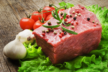 Raw Steak with green lettuce on wooden board