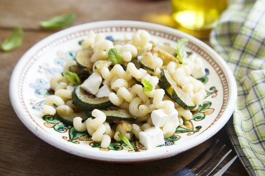 Pasta with courgette, feta and mint