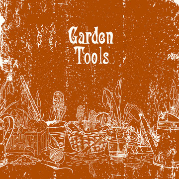 Hand drawn vintage poster with gardening tools