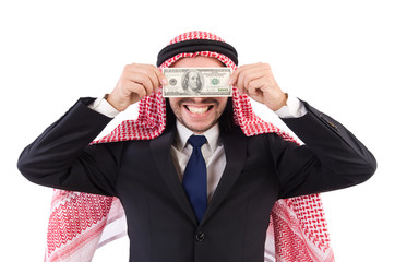 Arab businessman with money  in funny consept isolated on white