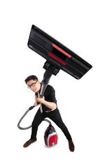 Man with vacuum cleaner isolated on white