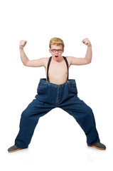 Funny man with trousers isolated on white