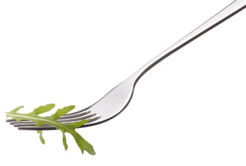 Fresh rucola  salad on fork isolated on white background cutout.