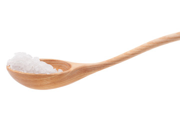 Mineral salt in wooden spoon isolated on white background cutout