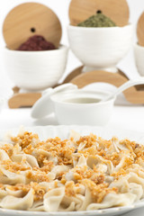 Close-up of Turkish ravioli called manti