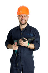 builder with drill isolated on white background