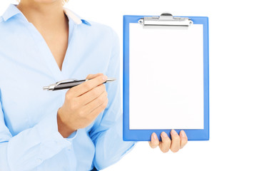 Woman with blank paper