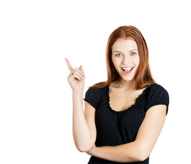 I have an idea happy woman pointing with finger at copy space