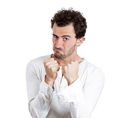 Boxer. Portrait Upset angry man fists up, on white background