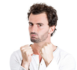 Boxer. Portrait Upset angry man fists up, on white background
