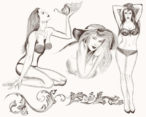 Set of hand drawn vector girls for design