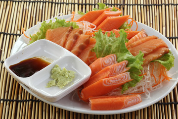 Fresh Salmon sashimi set on the plate